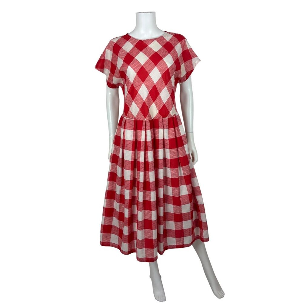 Vintage 80s Checkered Dress Womens Large Red White Picnic Gingham Fit And Flare - Picture 2 of 10